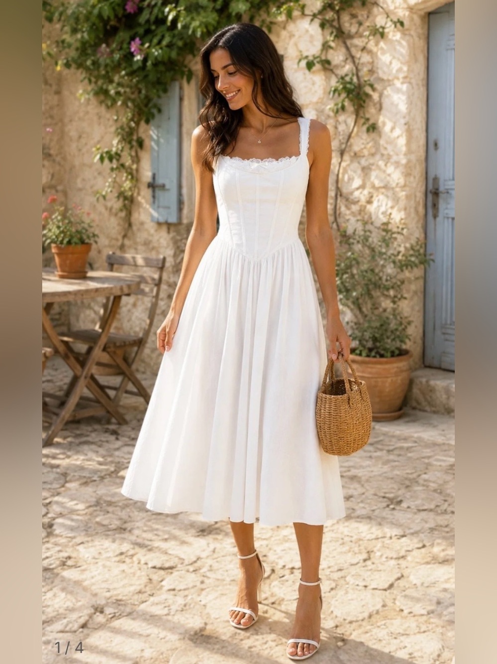 Lace Corset A-Line Cotton Midi Dress in White